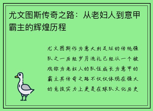 尤文图斯传奇之路：从老妇人到意甲霸主的辉煌历程