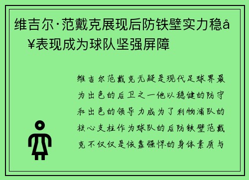 维吉尔·范戴克展现后防铁壁实力稳健表现成为球队坚强屏障