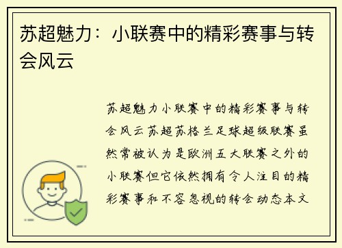 苏超魅力：小联赛中的精彩赛事与转会风云